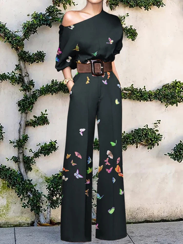 Elegant Pattern Print Party Jumpsuit Off Shoulder Wide Leg Pant Playsuit