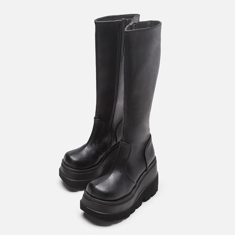 Wedge-heeled Mid-tube Boots Ladies Gothic Style Thick-soled Motorcycle Boots