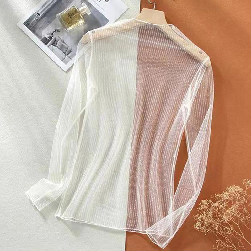 See Through Tops Women Transparent Long Sleeve Lace T-shirt Mesh See Through Tops Shirt Tees White Black Beige Pink