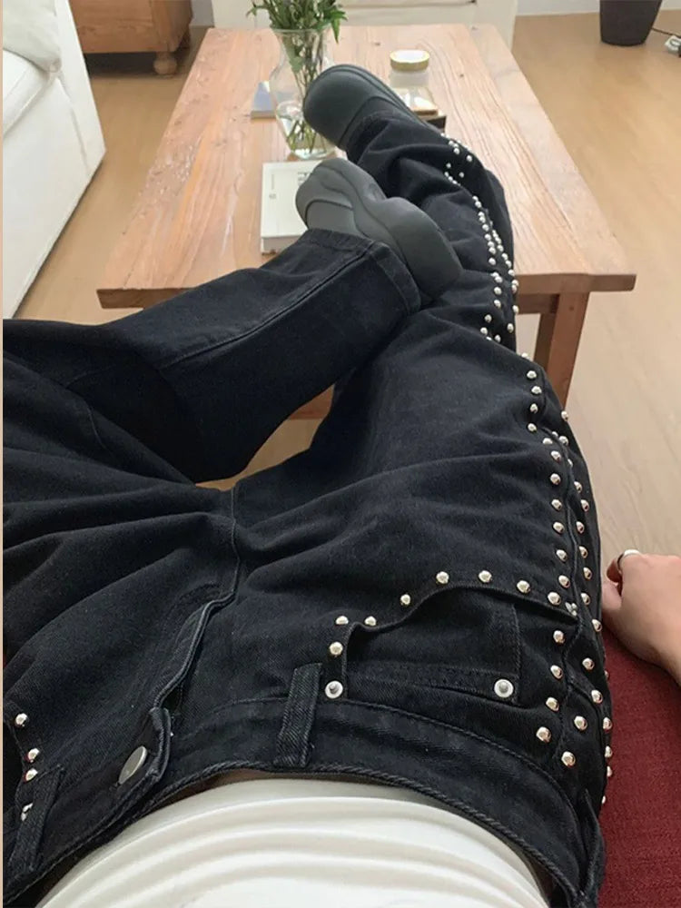 Metal Rivet Wide Leg Jeans Trousers Baggy Low Rise Pockets Denim