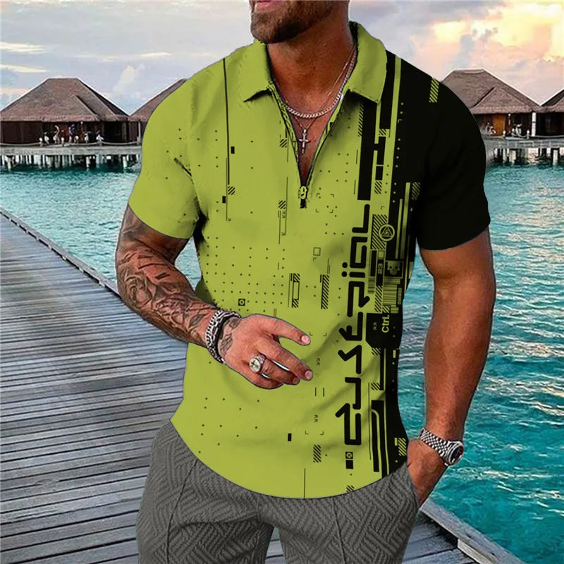 Men's 3D Flag Pattern Printed Short Sleeve POLO Shirt Zipper Men's T-Shirt