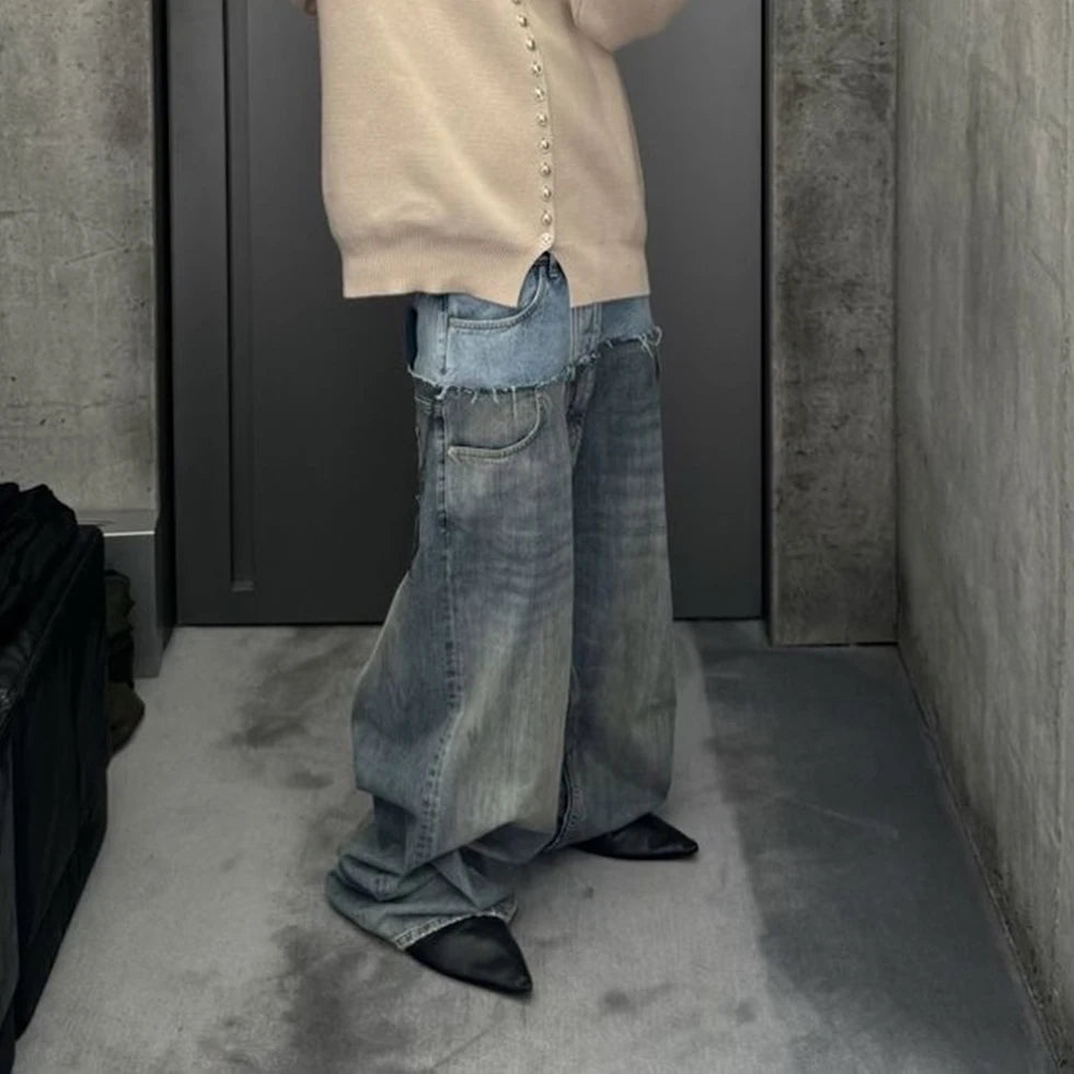 CUT-UP Double-layer Double Waist Patchwork Baggy Jeans for Men and Women Straight Casual Loose