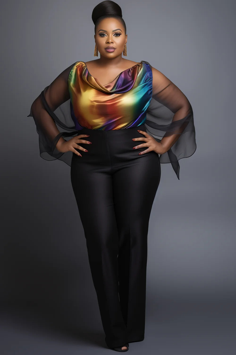 Casual Multicolor Gradient Cowl Neck Batwing Sleeve Long Sleeve See Through Ruffled Fold Chiffon Blouse