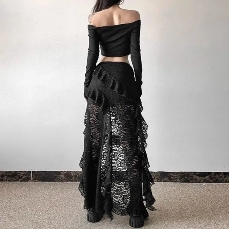 Gothic Skirt Women's Lace High waist Casual Aesthetic Long Skrit Hip hop