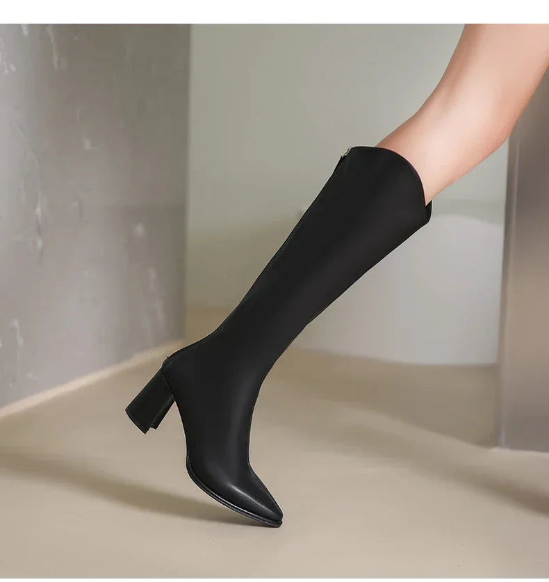 Zipper Thick High Heels Simple Thick High Heels Autumn Winter Boots Knee High