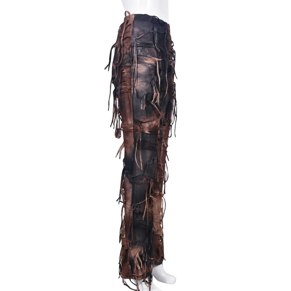 Tie Dye Printed High Waist Drawstring Tassel Flare Pants Stretch Legging Wide Leg