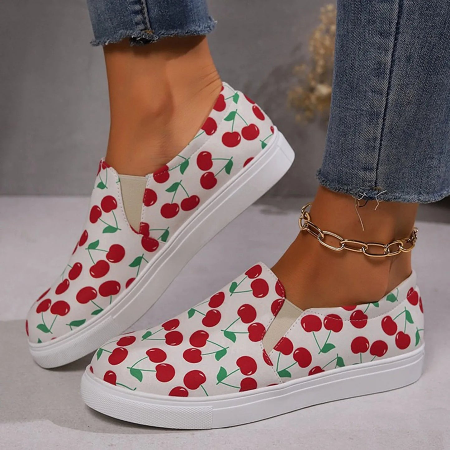 Ladies' Flat Casual Sports Shoes Cherry Printed Wide Width Close Fitting Black / 36 / United States White / 36 / United States