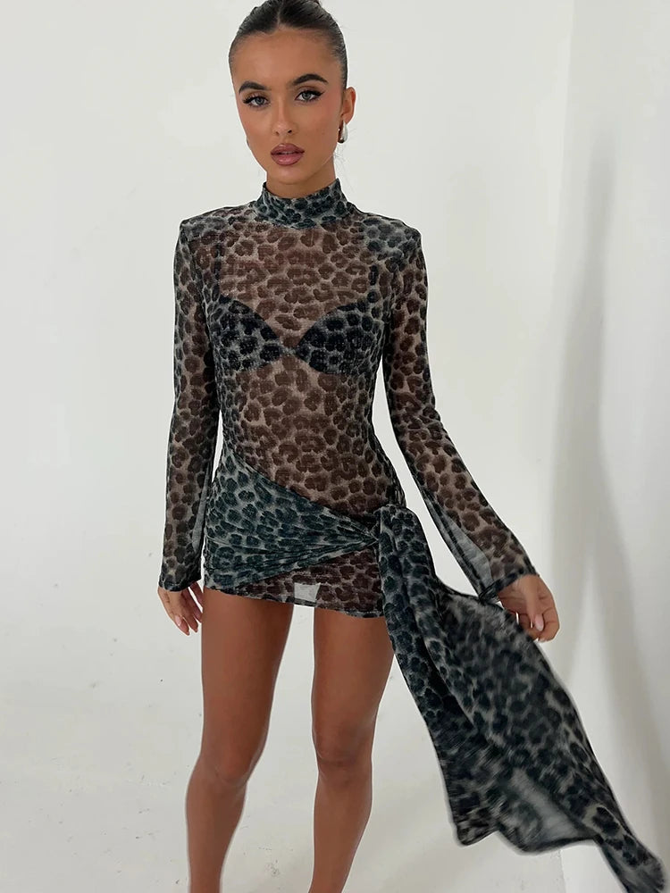 Fantoye Turtleneck Sheer Print Leopard Bandage Dress Long Sleeve Mini Slim Elegant Leopard / L Black / S Black / M Leopard / L-Black / S-Black / M-Leopard / S-Black / L-Leopard / M-