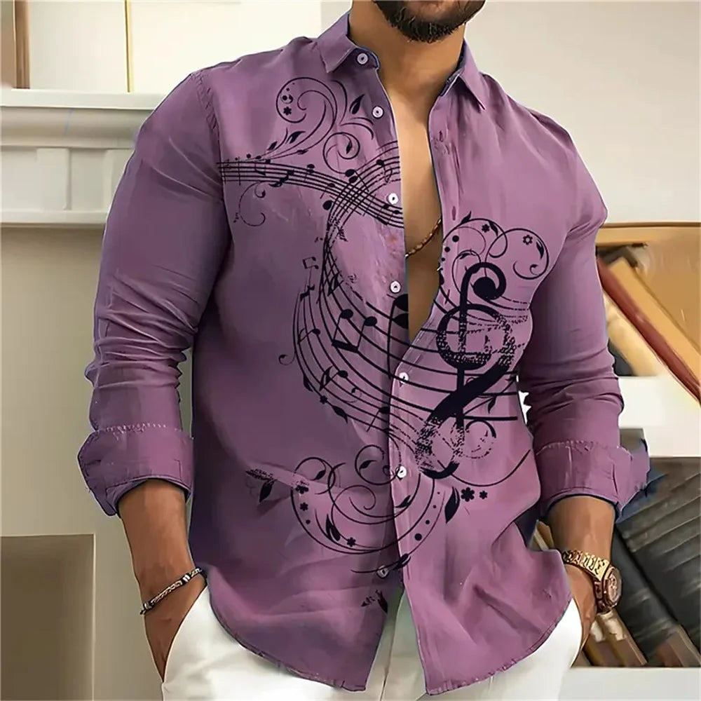 Music note print men's shirt casual open lapel top comfortable long-sleeved