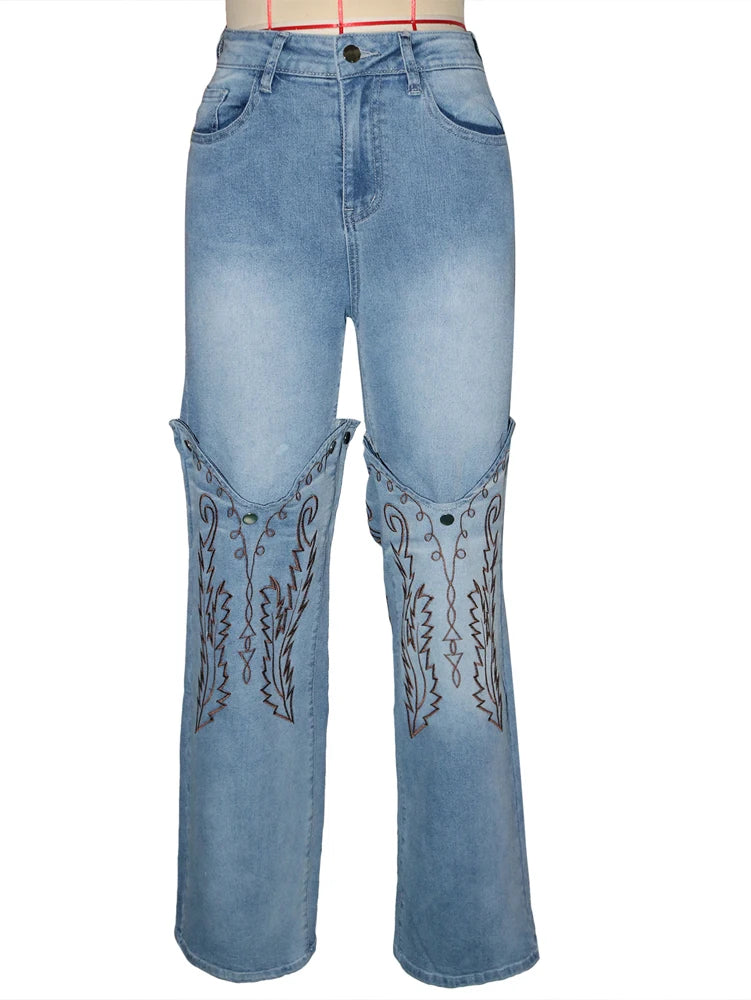 Embroidery Denim Trousers Casual High Waist Straight Leg Jeans Women