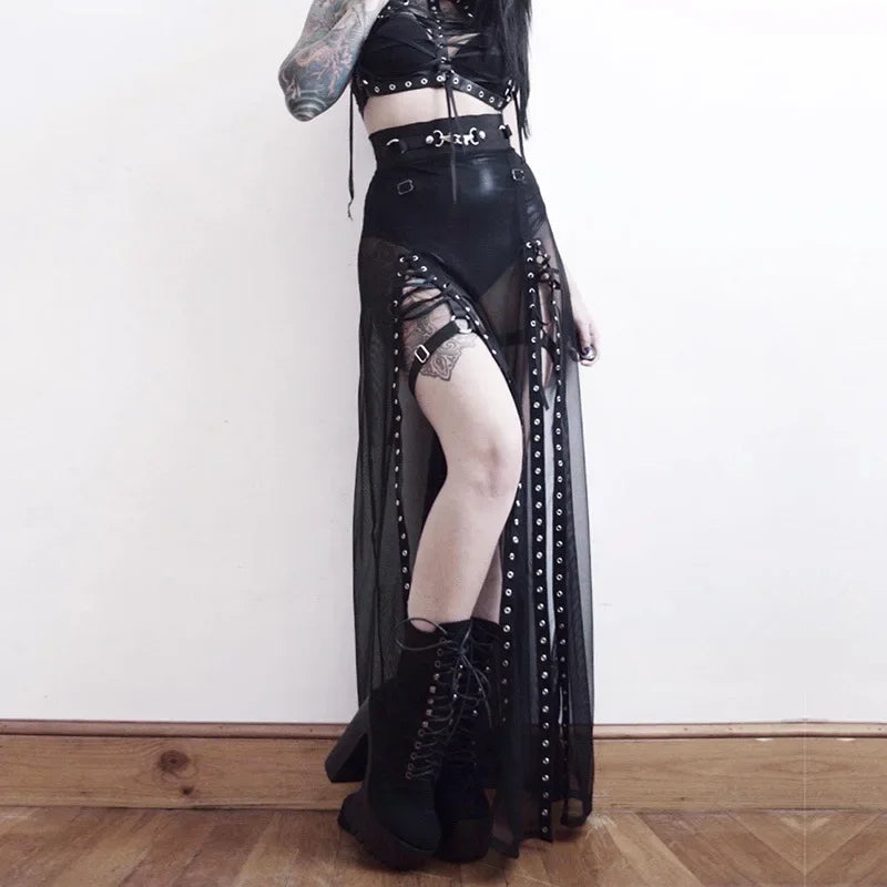Hollow Out Skirt Y2K Goth Grunge Patchwork Eyelet Split Long Skirt 23101-22033 / XL 23101-22033 / M 23101-22033 / L 23101-22033 / XL-23101-22033 / M-23101-22033 / L-23101-22033 / S-
