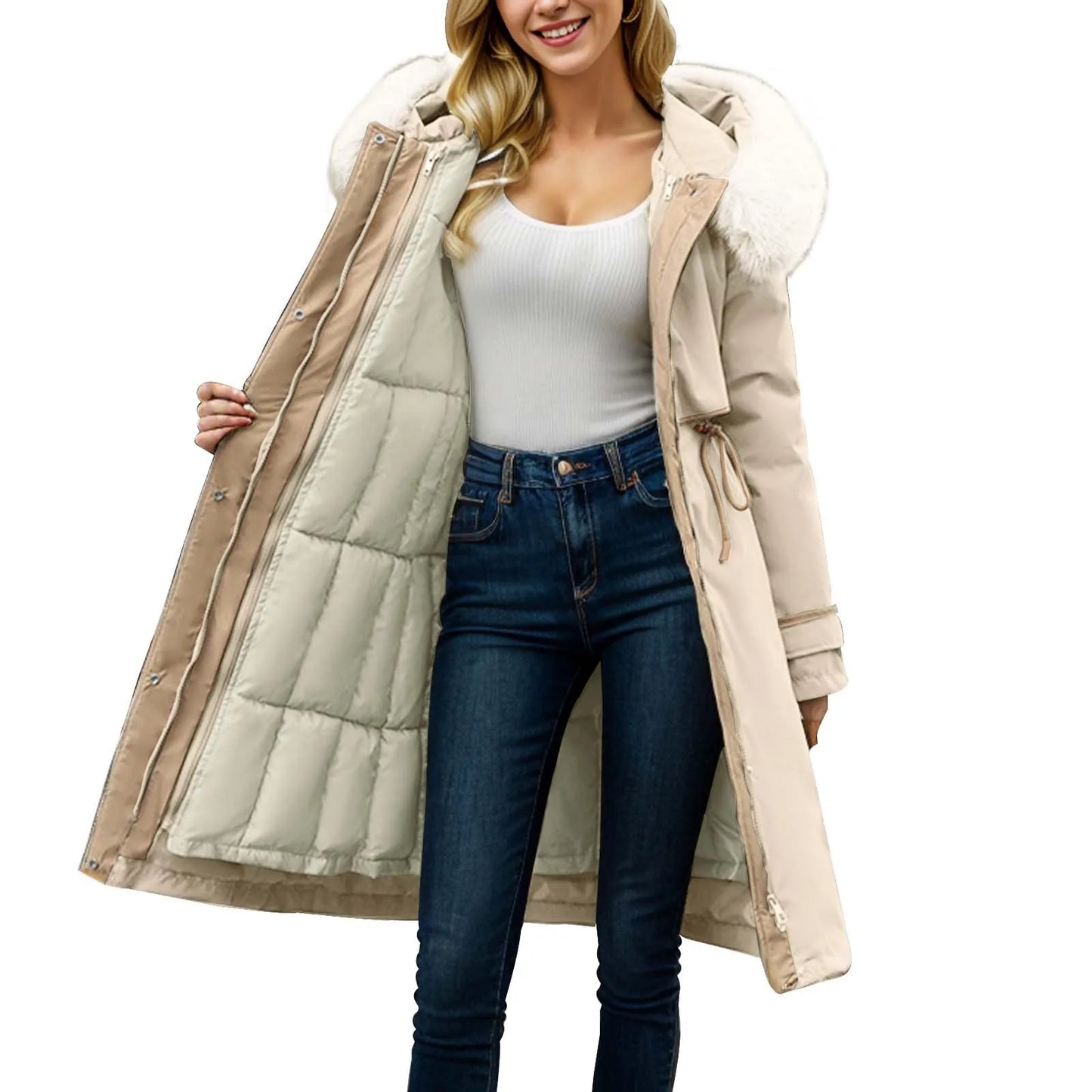 Women'S Winter Coat Parkas Detachable Patchwork Cotton Winter Long Hooded Thickened Cotton Coat