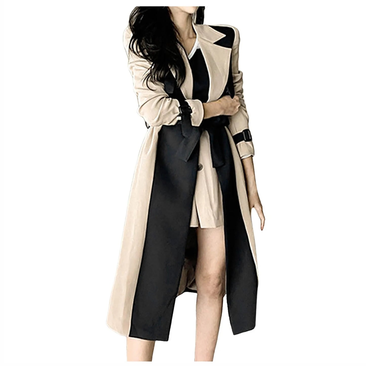 Elegant Long Jacket Women Retro Formal Black Khaki Contrast Notched Collar Windbreaker Coat