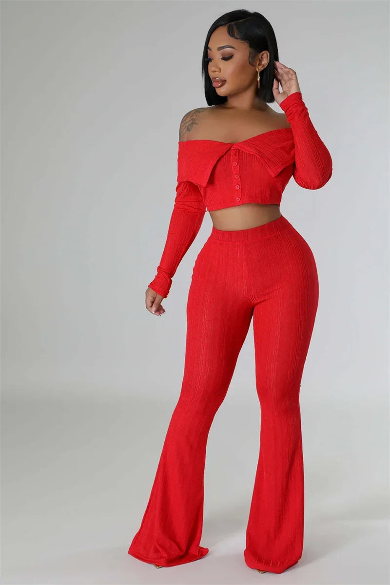 Knitted Two Piece Set Off Shoulder Slash Neck Crop Top and Flare Pants Set