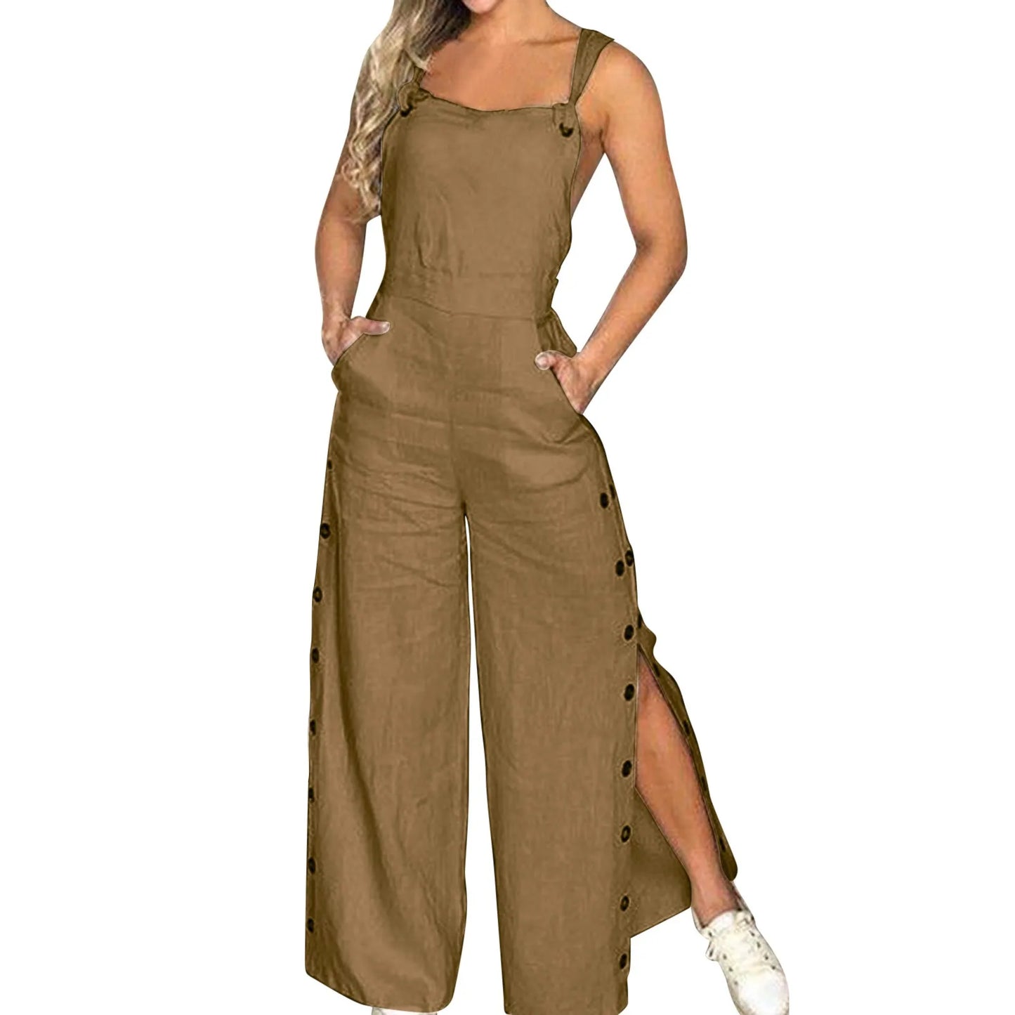 Women's Summer Sleeveless Cotton Linen Strappy Side Button Opening Overalls Loose Long Wide Leg Pants