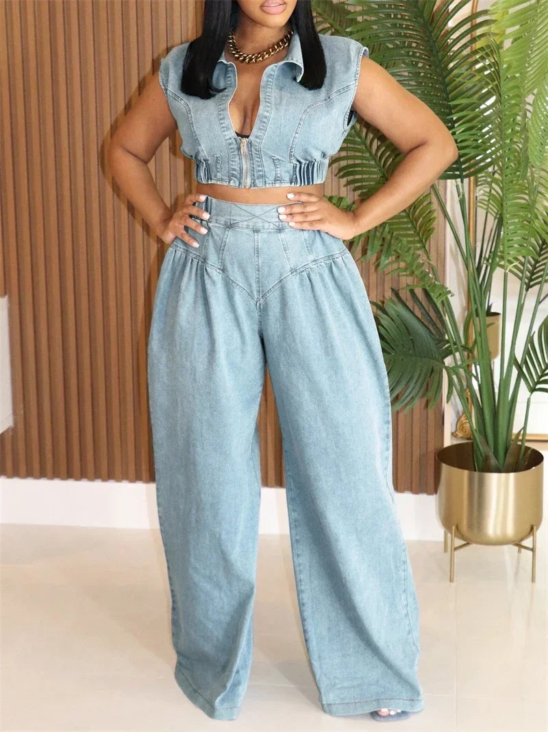Denim Sets Women 2 Piece Outfit 2025 Jeans Zipper Turn-down Collar Cropped Top and Loose Wide Leg Pants