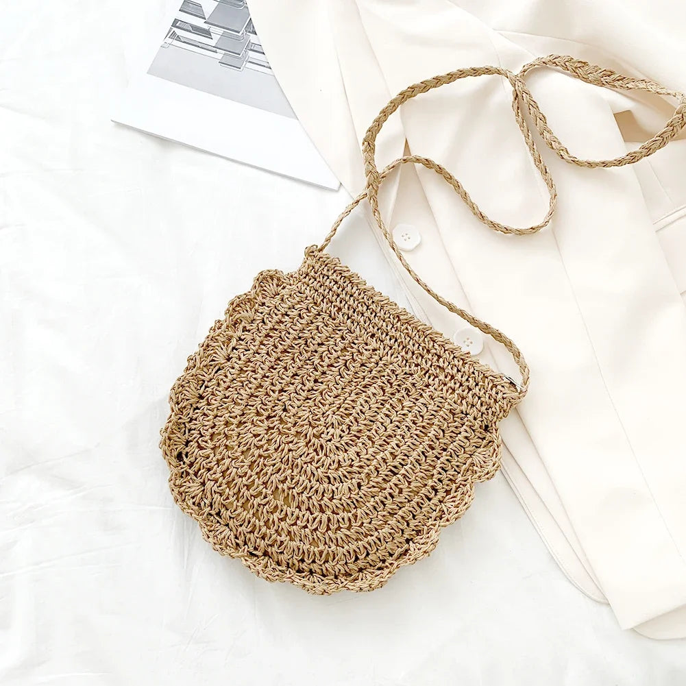 Woven Handbag Round Straw Woven Tote Bag Vacation Shoulder Bag Large Capacity