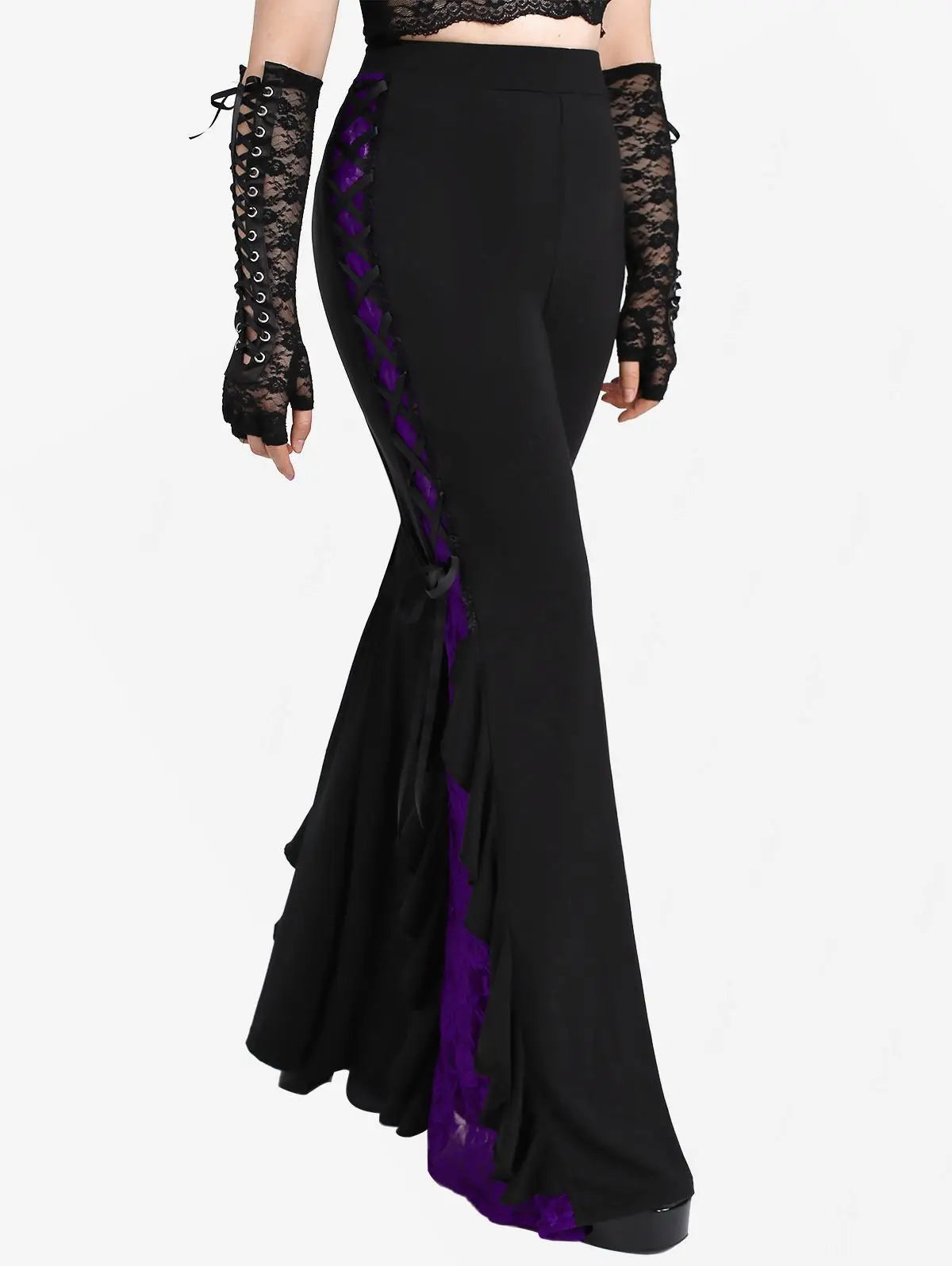 Gothic Lace Panel Lace-up Ruffle Flare Pants Elastic Waist Pull On Pant Colorblock Bell Bottom