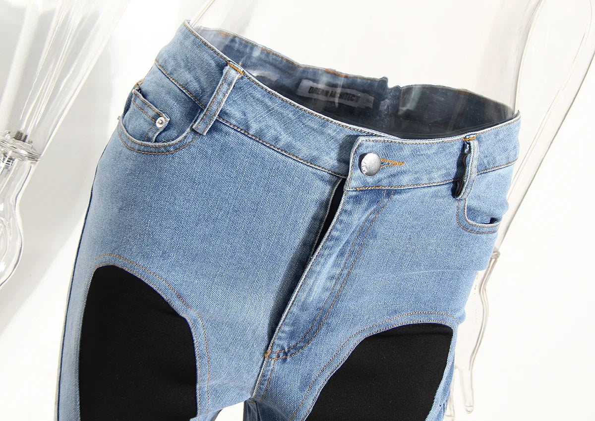 Color Block Women's Jeans Slim Panelled Patchwork High Waist Split Blue Long Denim Pants