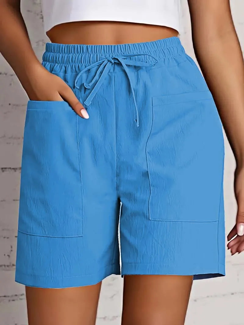 Summer New Women's Solid Color Pocket Loose High Waist Casual Fashion Quarter Shorts