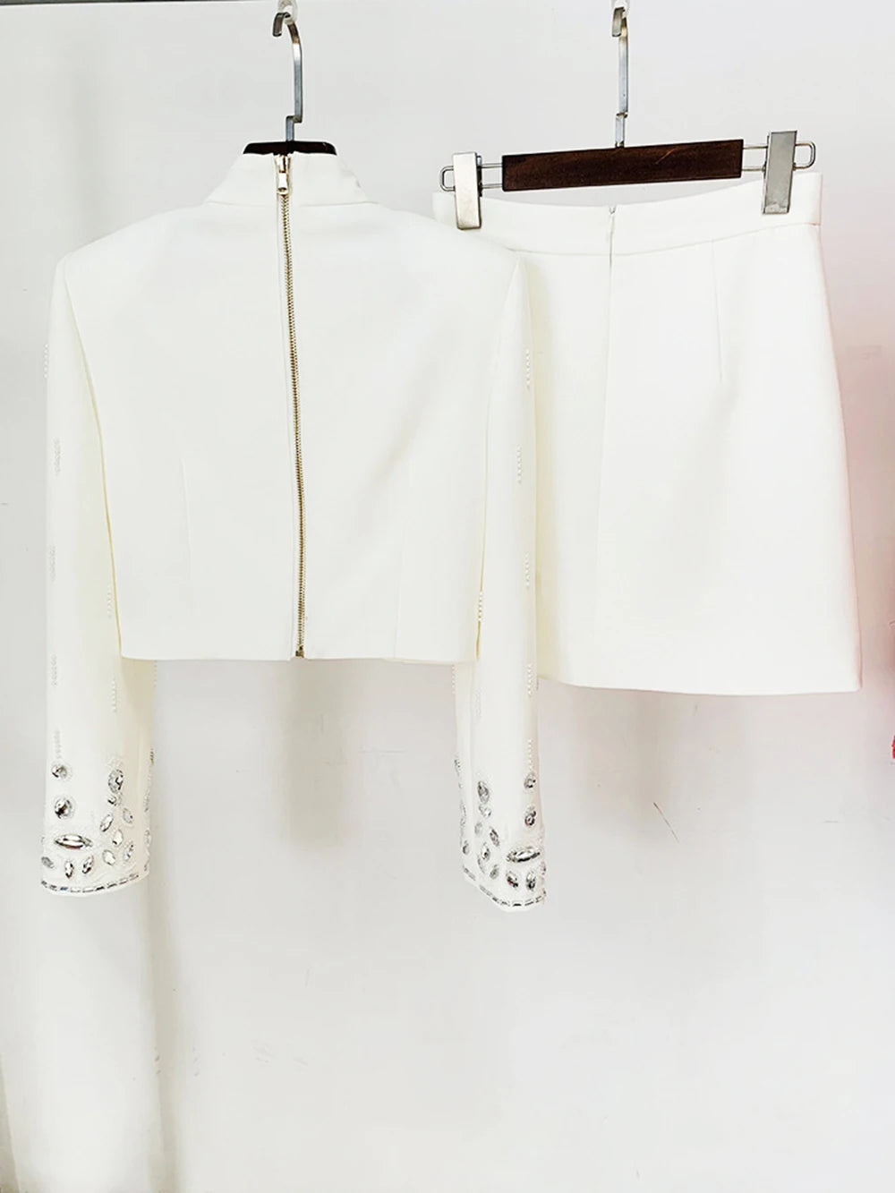Long Sleeve Short Top and Mini Skirt Suit Outfit, Diamond Beaded Design,High Quality, 2 Pcs Set