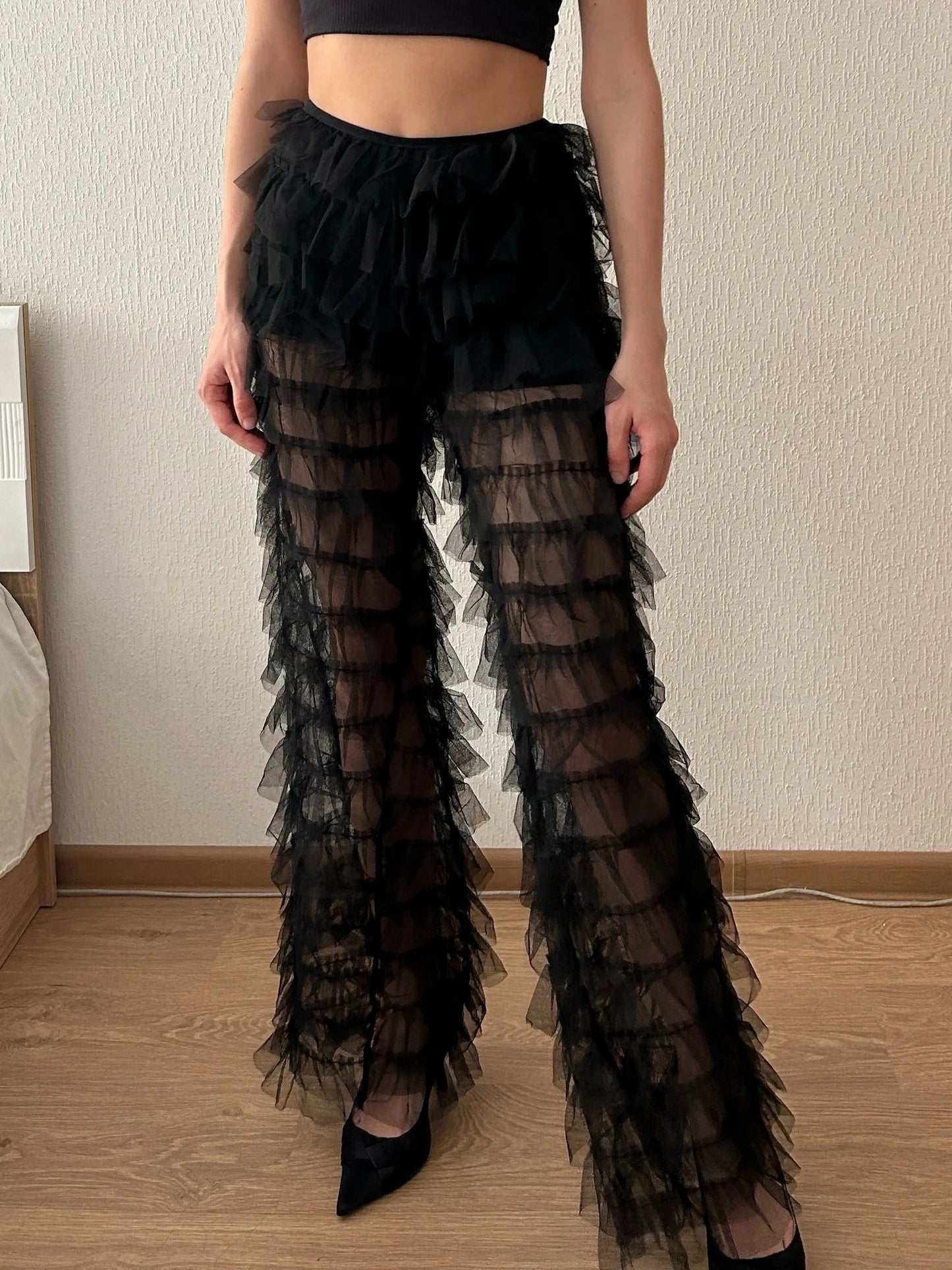 Mesh Long Pants Women Tierred High Waist Streetwear Sheer Flare Trousers