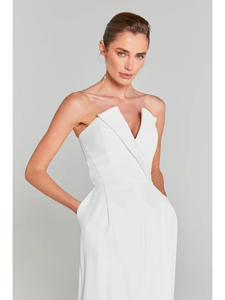Mesh Pearl Beaded Bodysuits+Strapless Jumpsuit Two piece Sets Women White Jumpsuit Suits Evening