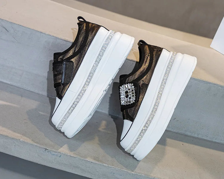 Denim Platform Wedge Genuine Leather Casual Comfy High Brand Chunky Sneakers Hidden Heels Shoes
