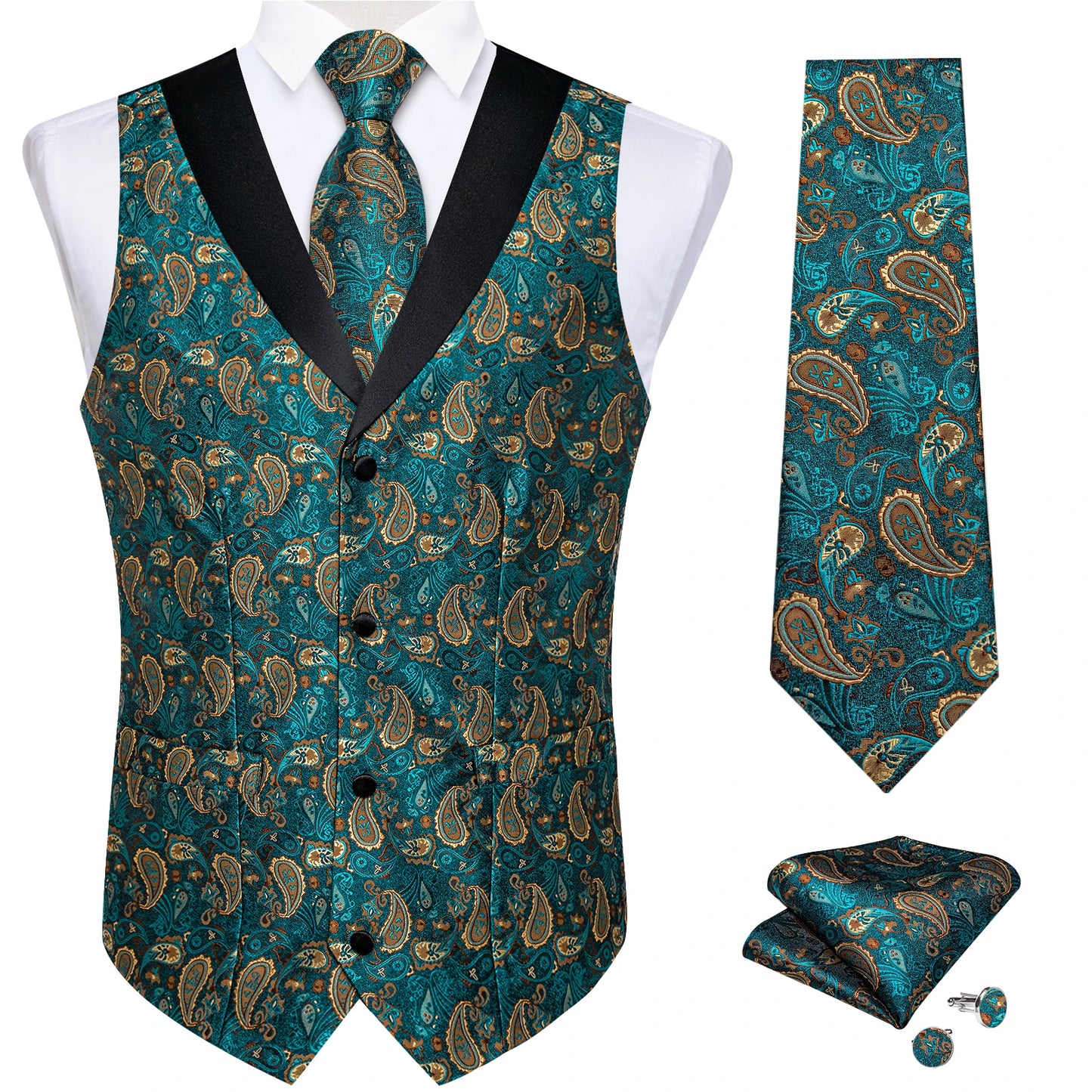 Men's Paisley Silk Suit Vest with Macthing Golden Paisley Neck Tie Handkerchief Cufflinks Wedding Prom Tuxedo Waistcoat