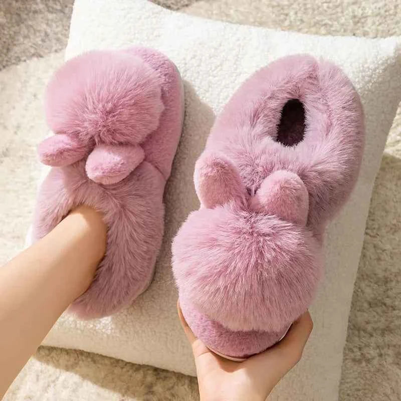 Fluffy Snow Boots Winter Warm Rabbit Ears Thick Bottom Cotton Shoes Anti Slip Solid Color purple