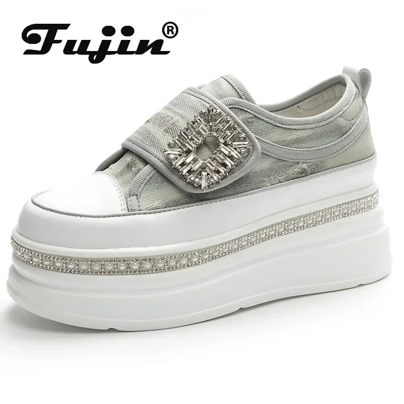 Denim Platform Wedge Genuine Leather Casual Comfy High Brand Chunky Sneakers Hidden Heels Shoes