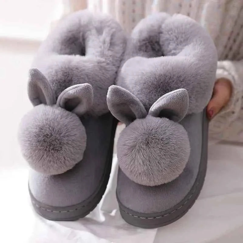 Fluffy Snow Boots Winter Warm Rabbit Ears Thick Bottom Cotton Shoes Anti Slip Solid Color grey B 36-37