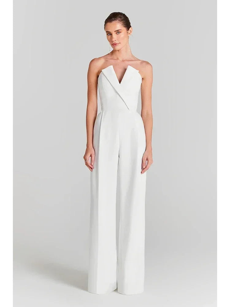 Mesh Pearl Beaded Bodysuits+Strapless Jumpsuit Two piece Sets Women White Jumpsuit Suits Evening