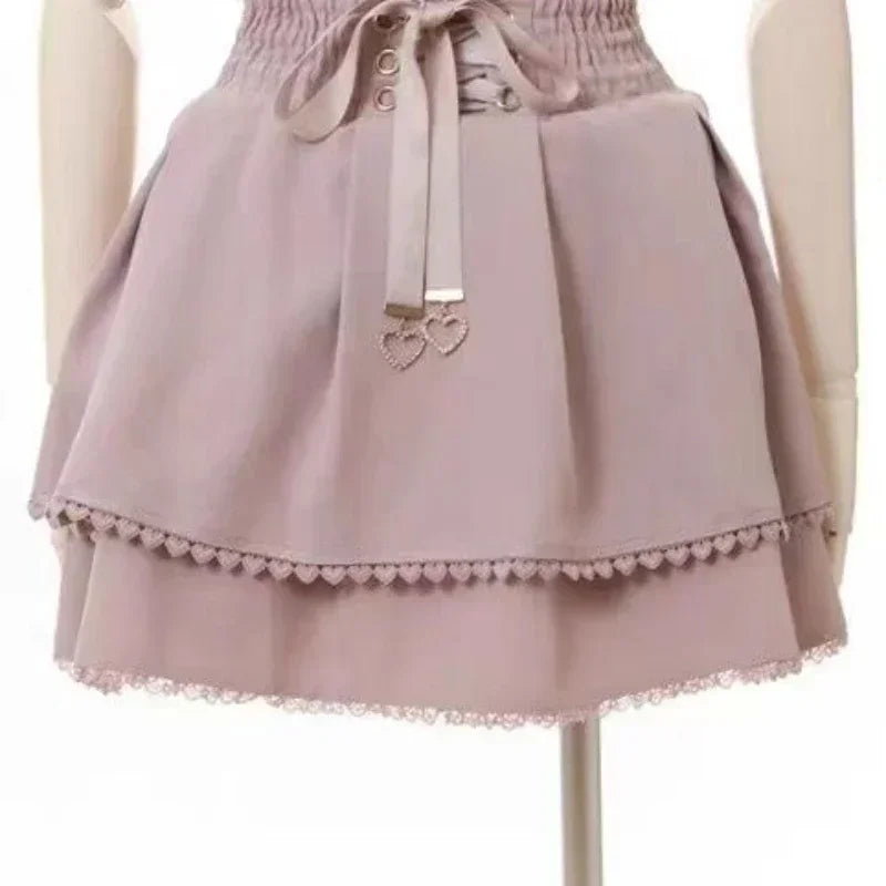 Mini Cake Skirts Womens Jupe Fairy Bandage Lolita High Waist Y2k Aesthetic Sweet Lace Gothic