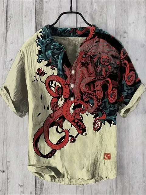 3D digital heat transfer animal landscape 3-button large size stand-up collar short-sleeved shirt