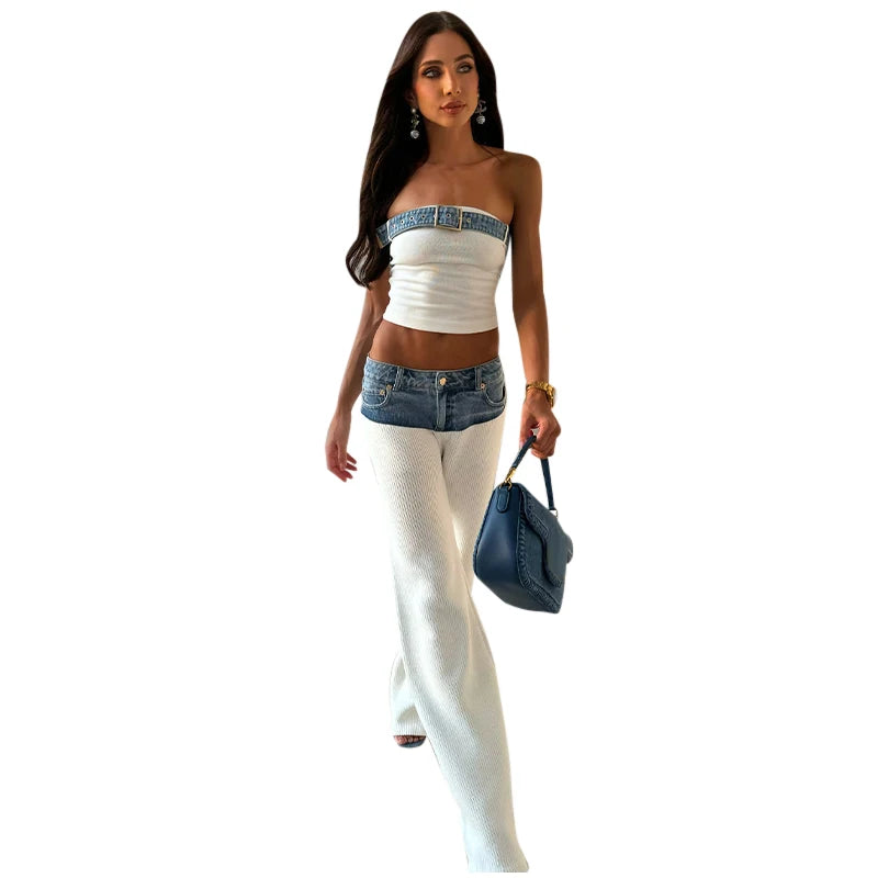 Designer White Knit Denim Suits Set Women's Patchwork Elegant Sleeveless Tops Matching Wide Leg Baggy Pants