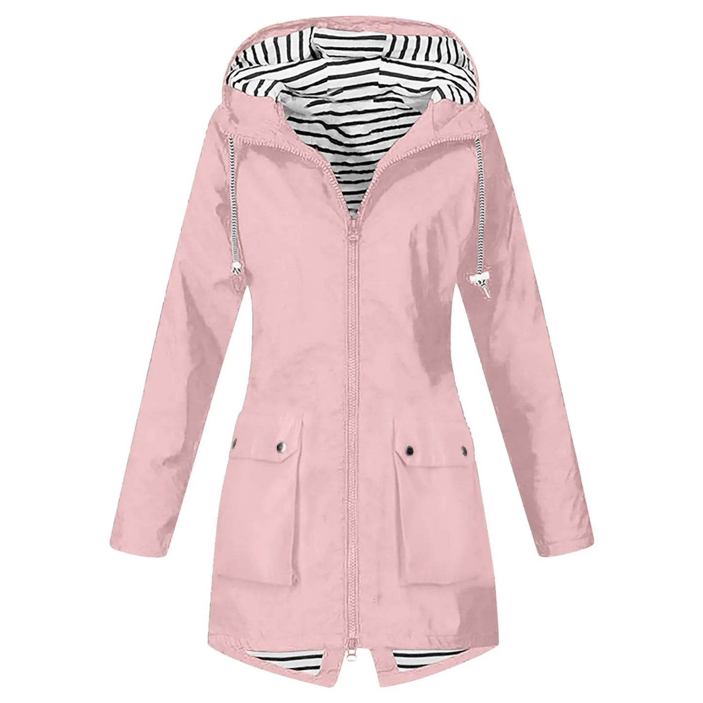 Hooded Lightweight Long Sleeve Windbreaker Zip Up Drawstring Windproof Raincoat Plus Size Long Coat Outdoor