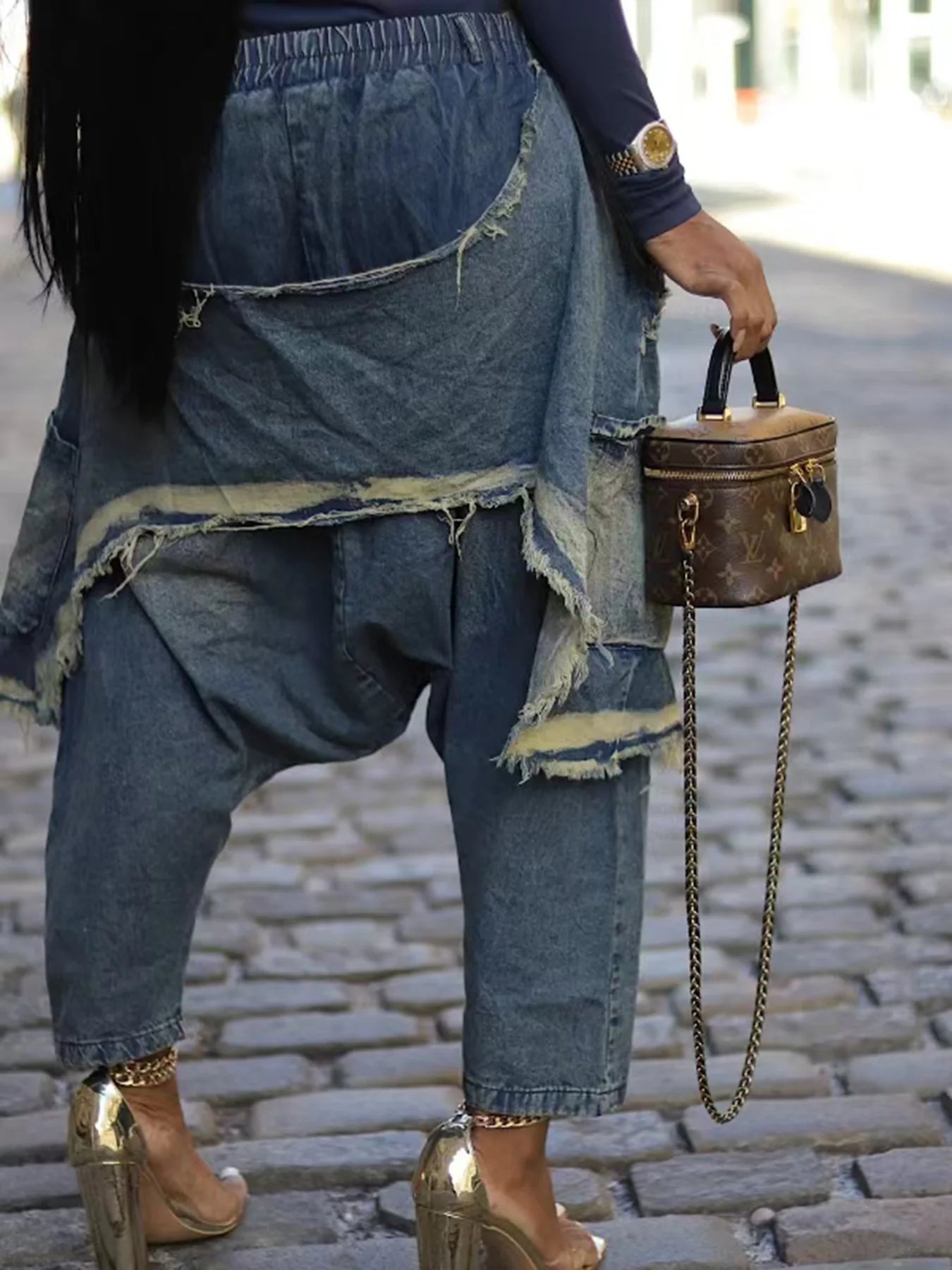 Women Streetwear Ripped Out Hole Denim Pants Loose Safari Style Cargo Harem