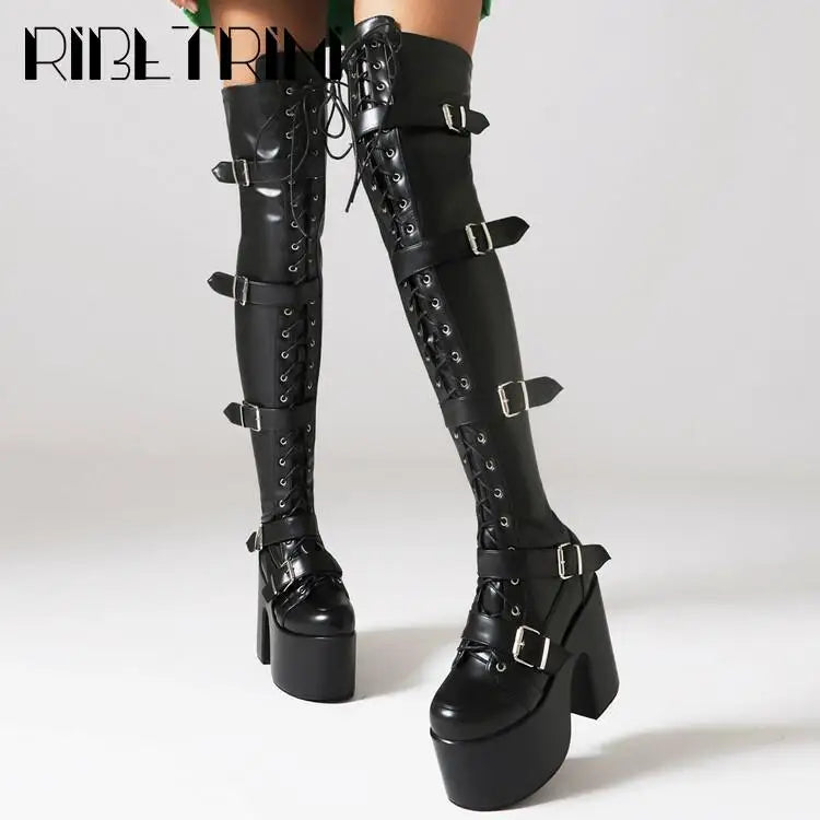 Goth Women Motorcycle Boots Block High Heels Platform Cool Street Boots
