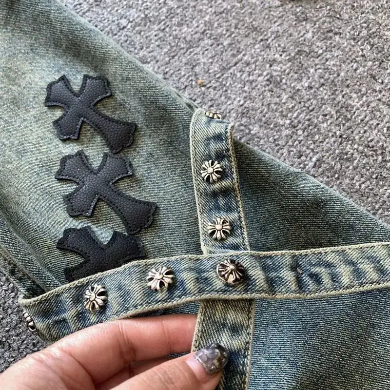 Cross Patch High Waist Jeans Women Straight Loose Wide-leg Pants Harajuku Hot Girl Y2k Trousers