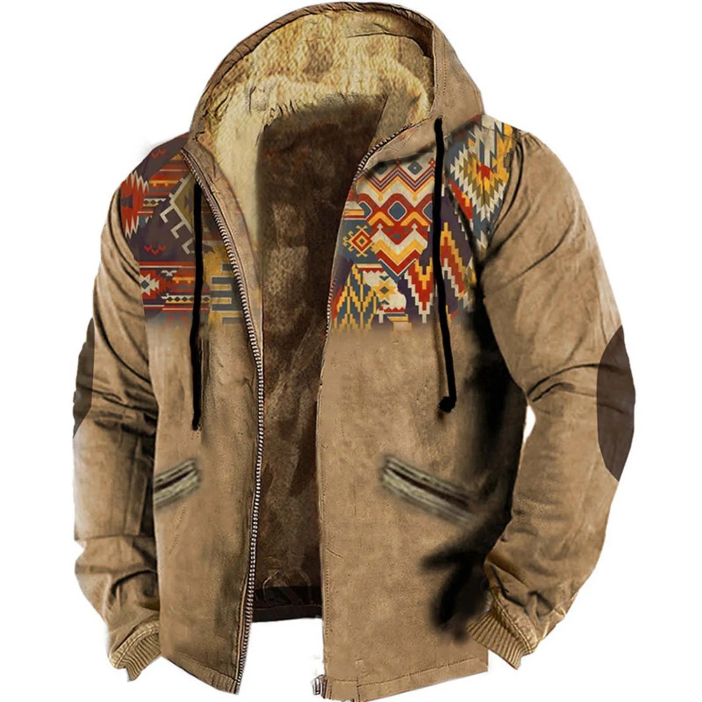 Men's Lamb Wool Jacket Fashion Retro Print Hooded Zipper Fleece Lined Hoodie Plush Bomber Jacket Khaki United States