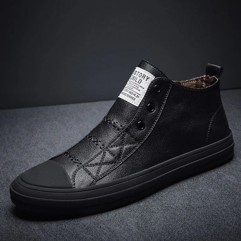 Genuine Leather Shoes Men High top Fashion Sneakers Flat Brand Black White Shoes