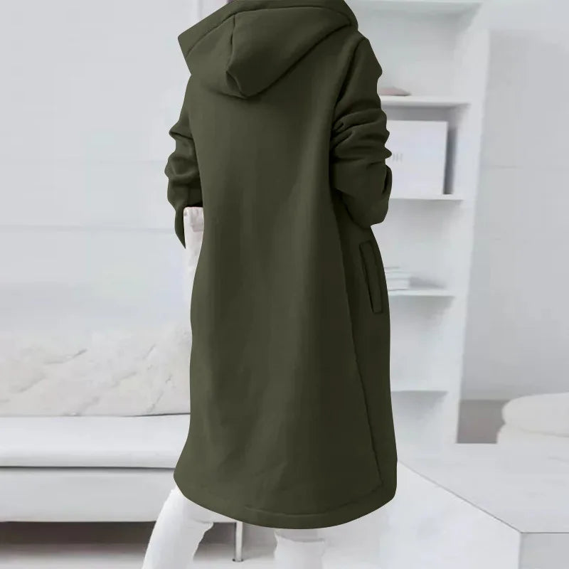 Autumn Women Long Hoodies Coat Zip Up Solid Hooded Casual Pockets Long Jackets