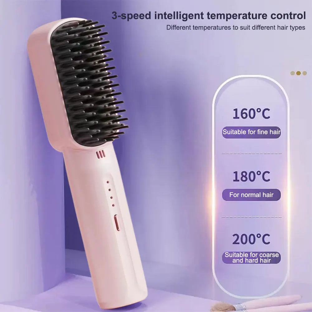 Cordless Electric Hot Comb Rechargeable Portable Straightening Brush Anti-Scald Hair Straightener Comb 3 Temp Settings for Women Pink / United States Black / United States