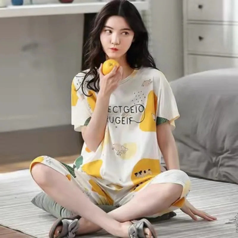 Half-Sleeve Seven-Quarter Trousers Student Nightwear Set Round Neck Cartoon Ladies Pajamas Loungewear