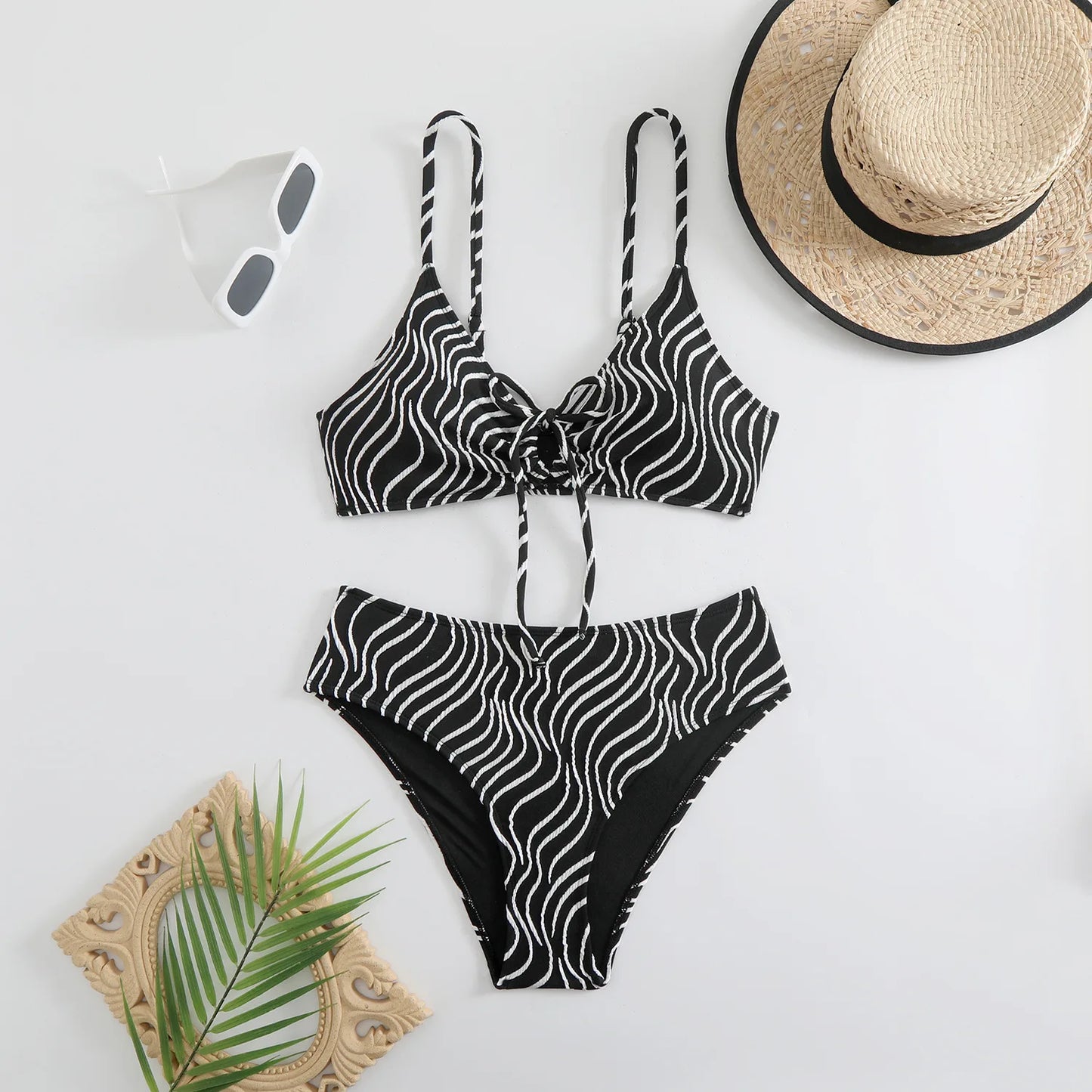 Bikini Set Stripe Print 2 Piece Drawstring Lace-up V Neck Suspender Backless