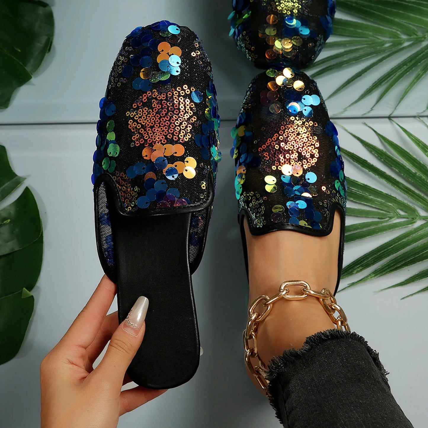 Women Casual Sequin Decoration Slipper Square Toe Flat Bottom Comfortable Sandals Slides Black / 40 / United States Black / 42 / United States