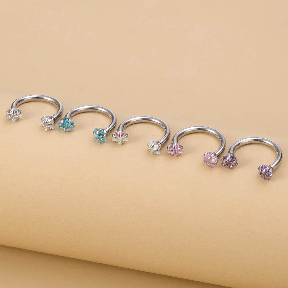 1pc Star Round Zircon Horseshoe Septum Piercing Nose Ring Hoop Eyebrow Lip Ring 8mm 16G - Fashionqueene.com