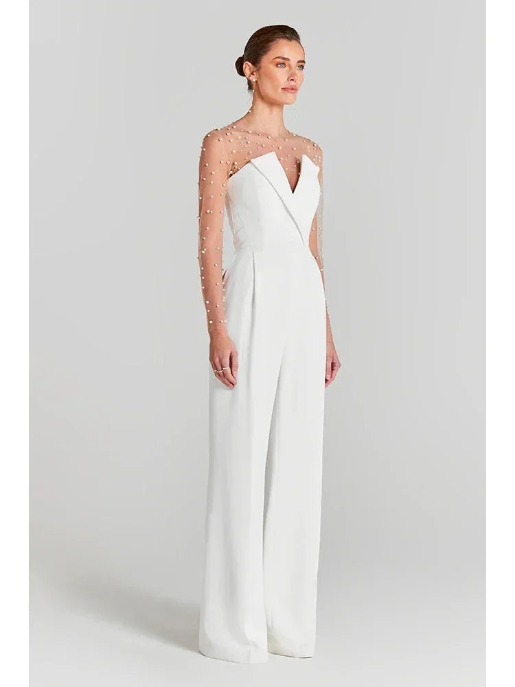 Mesh Pearl Beaded Bodysuits+Strapless Jumpsuit Two piece Sets Women White Jumpsuit Suits Evening