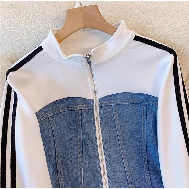 Women Preppy Style Patchwork Contrast Denim Sets Stand Collar Elastic Jeans 2 Piece Suit Streetwear Comfort